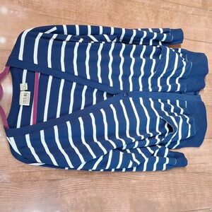 STEFANO BLUE AND WHITE STRIPED V-NECK BUTTON DOWN SWEATER SIZE LARGE